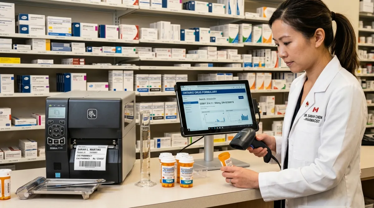 Modern Canadian pharmacy dispensary counter with prescription bottles and digital formulary